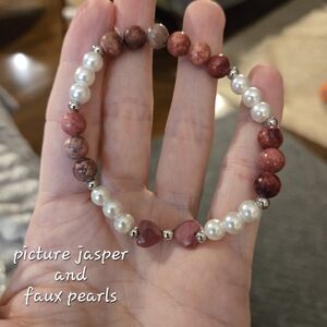Twin Hearts Picture Jasper And Faux Pearl Handmade Bracelet, Giftable!
